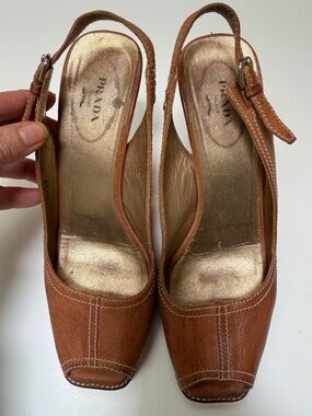 Prada Milano Brown Leather Slingback Heels 37.5